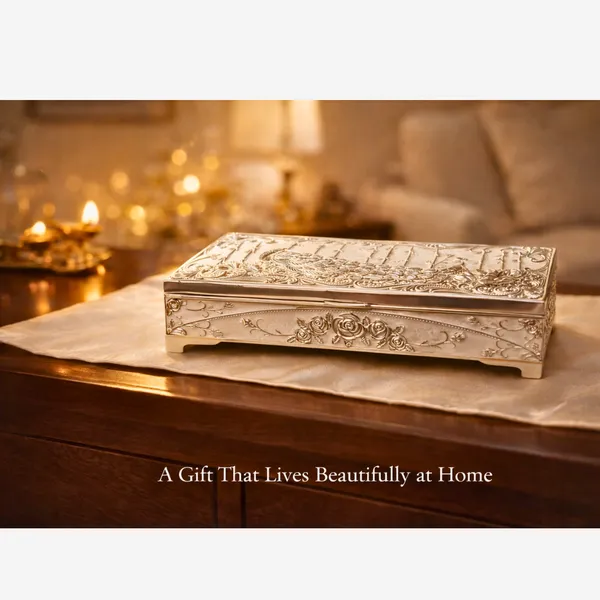 Peach_Silver_Plated_Peacock_Dry_Fruit_Box_Luxury_Gift_Box_For_Diwali_&_Weddings