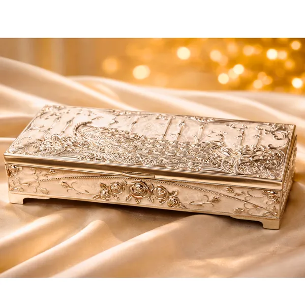 Peach_Silver_Plated_Peacock_Dry_Fruit_Box_Luxury_Gift_Box_For_Diwali_&_Weddings