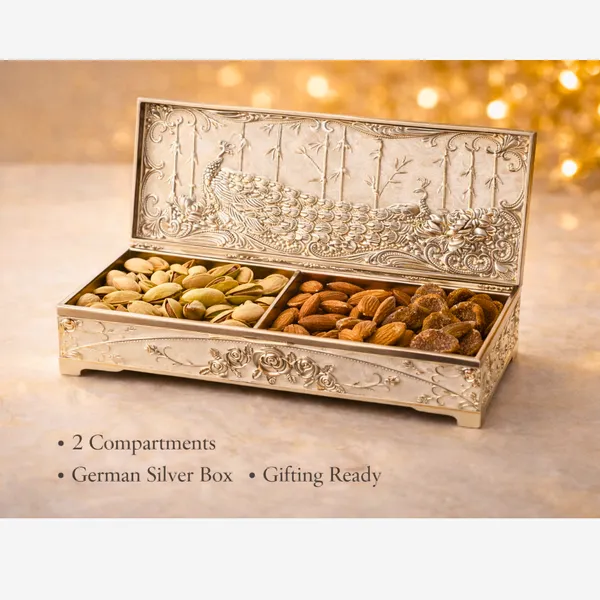 Peach_Silver_Plated_Peacock_Dry_Fruit_Box_Luxury_Gift_Box_For_Diwali_&_Weddings