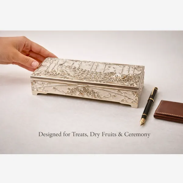Peach_Silver_Plated_Peacock_Dry_Fruit_Box_Luxury_Gift_Box_For_Diwali_&_Weddings