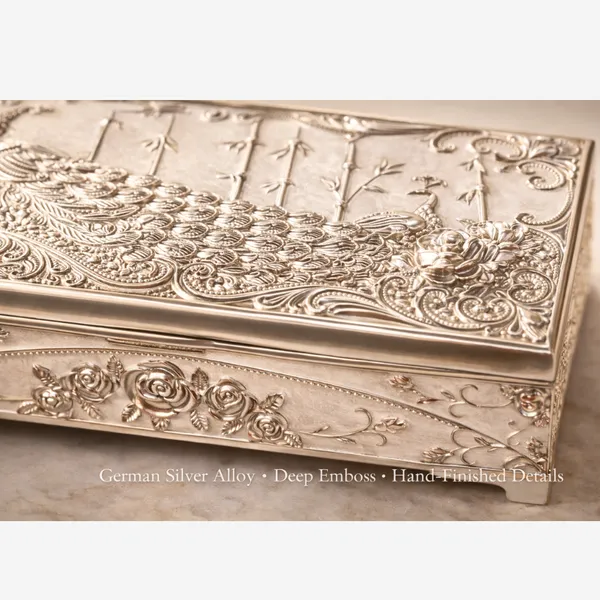 Peach_Silver_Plated_Peacock_Dry_Fruit_Box_Luxury_Gift_Box_For_Diwali_&_Weddings