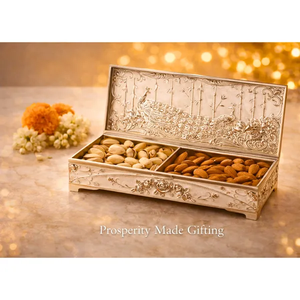 Peach_Silver_Plated_Peacock_Dry_Fruit_Box_Luxury_Gift_Box_For_Diwali_&_Weddings
