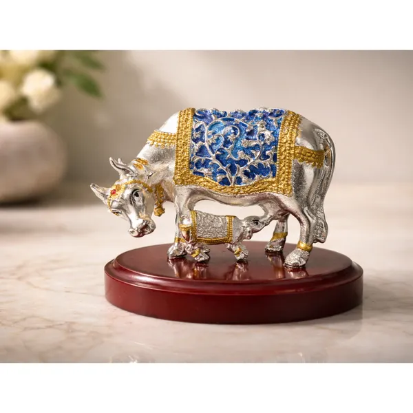 Multicolor_Silver_Plated_Kamdhenu_Cow_And_Calf_Idol_With_Wooden_Base_For_Pooja_And_Gifting