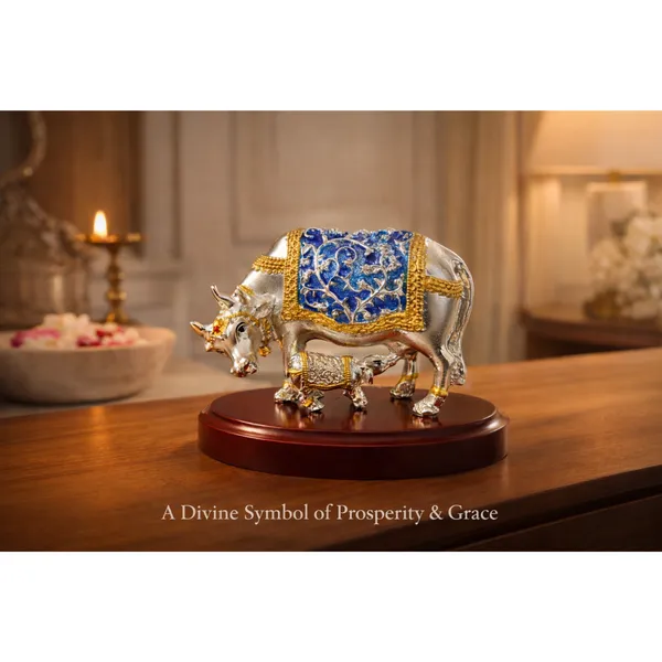 Multicolor_Silver_Plated_Kamdhenu_Cow_And_Calf_Idol_With_Wooden_Base_For_Pooja_And_Gifting