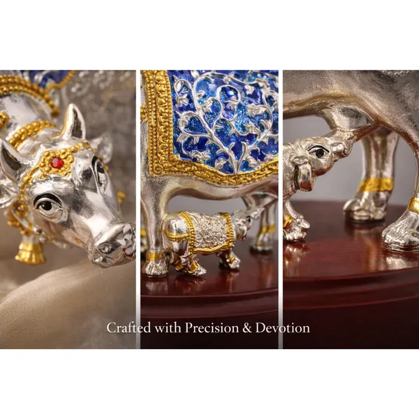 Multicolor_Silver_Plated_Kamdhenu_Cow_And_Calf_Idol_With_Wooden_Base_For_Pooja_And_Gifting