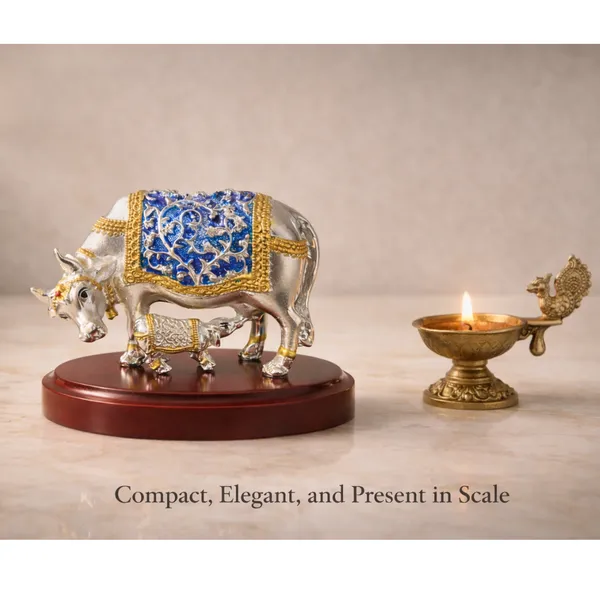 Multicolor_Silver_Plated_Kamdhenu_Cow_And_Calf_Idol_With_Wooden_Base_For_Pooja_And_Gifting