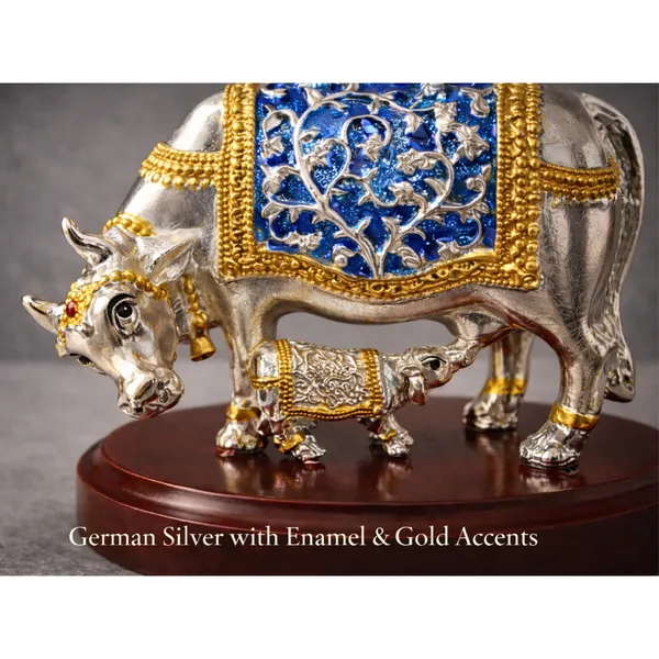 Multicolor_Silver_Plated_Kamdhenu_Cow_And_Calf_Idol_With_Wooden_Base_For_Pooja_And_Gifting