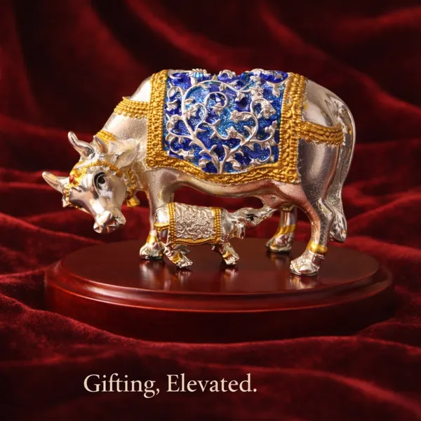 Multicolor_Silver_Plated_Kamdhenu_Cow_And_Calf_Idol_With_Wooden_Base_For_Pooja_And_Gifting