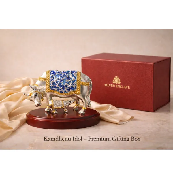 Multicolor_Silver_Plated_Kamdhenu_Cow_And_Calf_Idol_With_Wooden_Base_For_Pooja_And_Gifting
