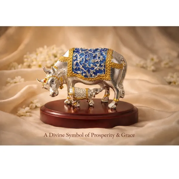 Multicolor_Silver_Plated_Kamdhenu_Cow_And_Calf_Idol_With_Wooden_Base_For_Pooja_And_Gifting
