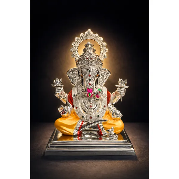 Yellow_&_Silver_Plated_Dagdusheth_Ganesh_Idol_For_Home_Temple_&_Auspicious_Gifting