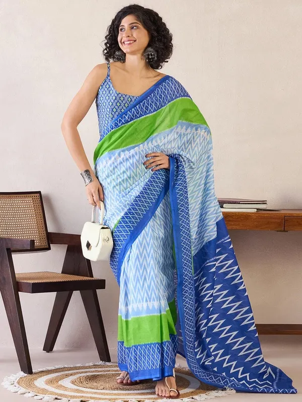 Aqua_Blue_Minute_Ready_To_Wear_Mul_Cotton_Digital_Printed_Saree_With_Pocket_For_Women_&_Girl'S