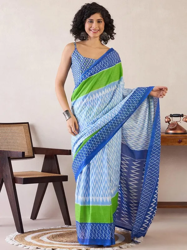 Aqua_Blue_Minute_Ready_To_Wear_Mul_Cotton_Digital_Printed_Saree_With_Pocket_For_Women_&_Girl'S