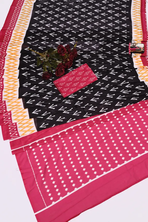 Black_And_Dark_Pink__Minute_Ready_To_Wear_Mul_Cotton_Digital_Printed_Saree_With_Pocket_For_Women_&_Girl'S