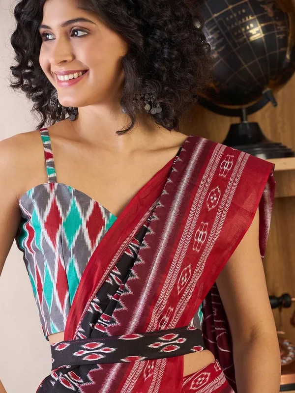 Black_And_Maroon__Minute_Ready_To_Wear_Mul_Cotton_Digital_Printed_Saree_With_Pocket_For_Women_&_Girl'S