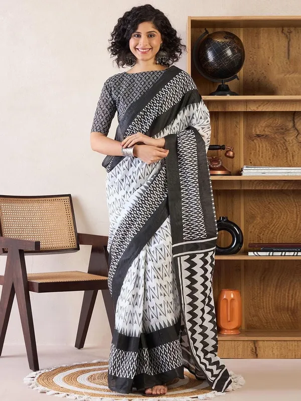 Black_And_White__Minute_Ready_To_Wear_Mul_Cotton_Digital_Printed_Saree_With_Pocket_For_Women_&_Girl'S