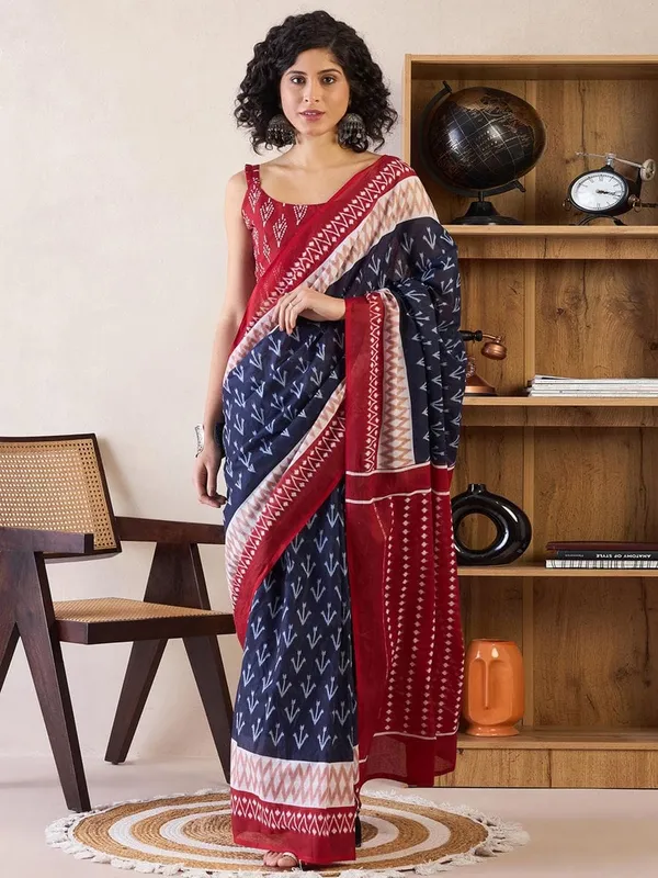 Blue_And_Maroon__Minute_Ready_To_Wear_Mul_Cotton_Digital_Printed_Saree_With_Pocket_For_Women_&_Girl'S