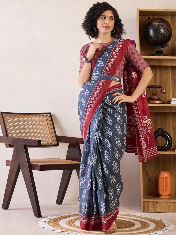 Blue_And_Maroon__Minute_Ready_To_Wear_Mul_Cotton_Digital_Printed_Saree_With_Pocket_For_Women_&_Girl'S