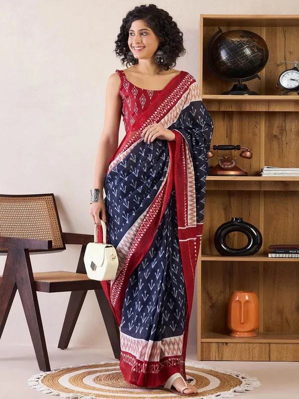 Blue_And_Maroon__Minute_Ready_To_Wear_Mul_Cotton_Digital_Printed_Saree_With_Pocket_For_Women_&_Girl'S