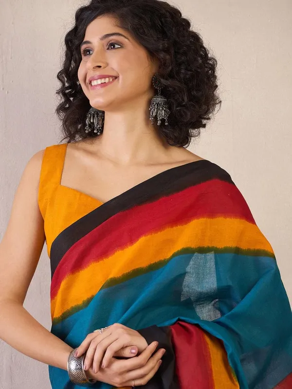 Blue_And_Mustard__Minute_Ready_To_Wear_Mul_Cotton_Digital_Printed_Saree_With_Pocket_For_Women_&_Girl'S