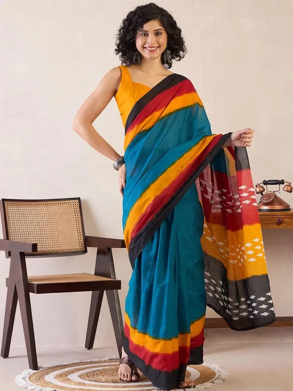 Blue_And_Mustard__Minute_Ready_To_Wear_Mul_Cotton_Digital_Printed_Saree_With_Pocket_For_Women_&_Girl'S