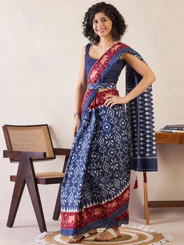 Blue__Minute_Ready_To_Wear__Mul_Cotton_Digital_Printed_Saree_With_Pocket_For_Women_&_Girl'S