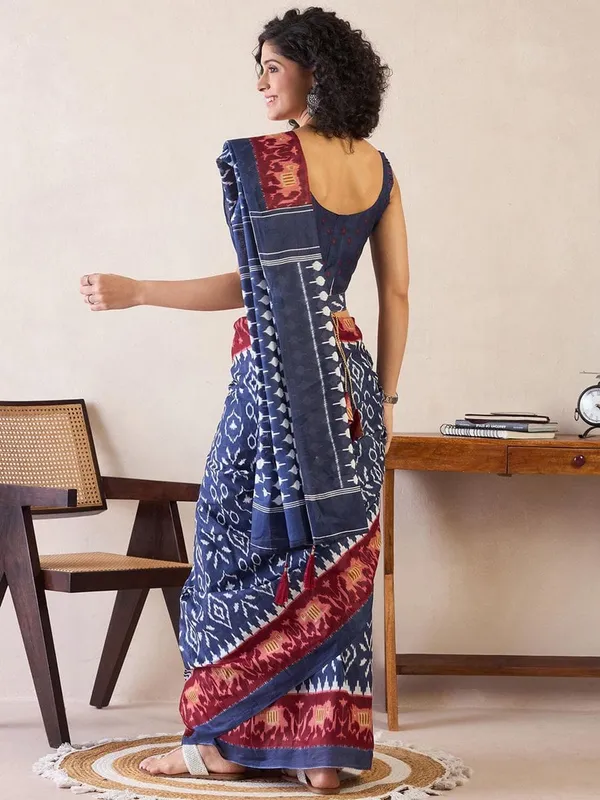 Blue__Minute_Ready_To_Wear__Mul_Cotton_Digital_Printed_Saree_With_Pocket_For_Women_&_Girl'S