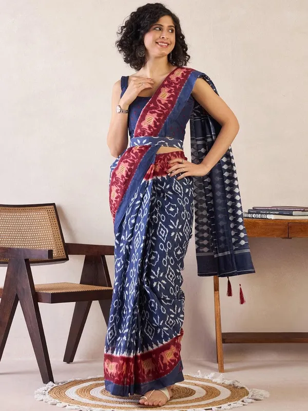 Blue__Minute_Ready_To_Wear__Mul_Cotton_Digital_Printed_Saree_With_Pocket_For_Women_&_Girl'S