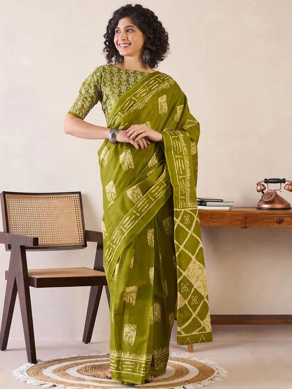 Green__Minute_Ready_To_Wear__Mul_Cotton_Digital_Printed_Saree_With_Pocket_For_Women_&_Girl'S