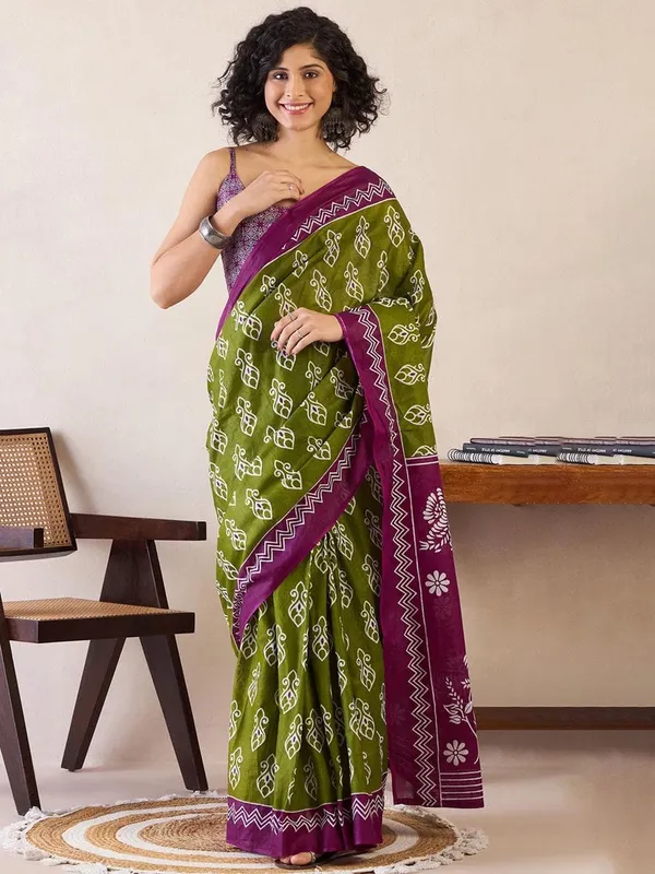 Mahendi_And_Purple__Minute_Ready_To_Wear_Mul_Cotton_Digital_Printed_Saree_With_Pocket_For_Women_&_Girl'S