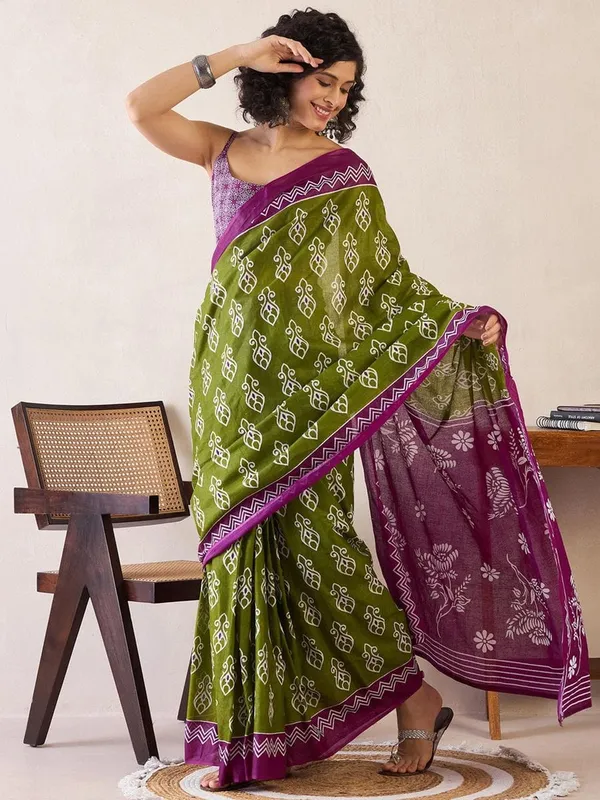 Mahendi_And_Purple__Minute_Ready_To_Wear_Mul_Cotton_Digital_Printed_Saree_With_Pocket_For_Women_&_Girl'S