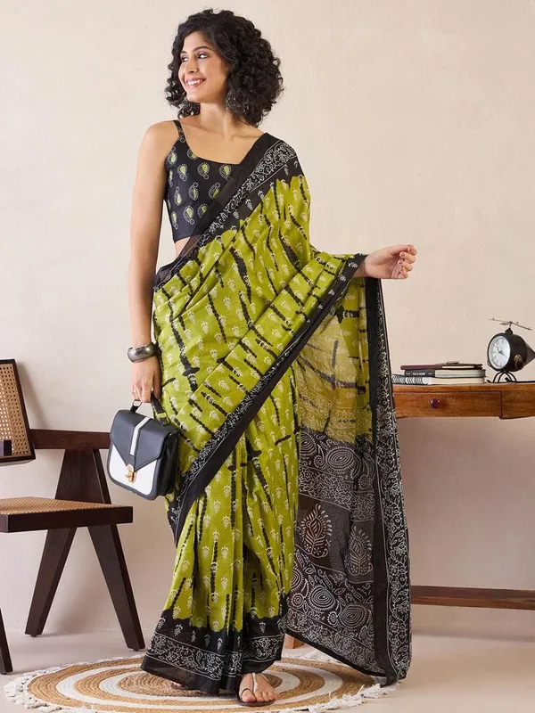 Mahendi_And_Black__Minute_Ready_To_Wear_Mul_Cotton_Digital_Printed_Saree_With_Pocket_For_Women_&_Girl'S