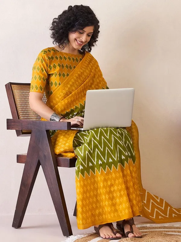 Mustard_And_Mahendi__Minute_Ready_To_Wear_Mahendi_Mul_Cotton_Digital_Printed_Saree_With_Pocket_For_Women_&_Girl'S