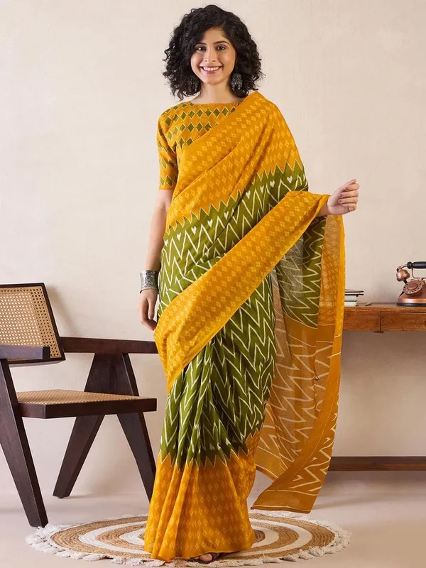 Mustard_And_Mahendi__Minute_Ready_To_Wear_Mahendi_Mul_Cotton_Digital_Printed_Saree_With_Pocket_For_Women_&_Girl'S