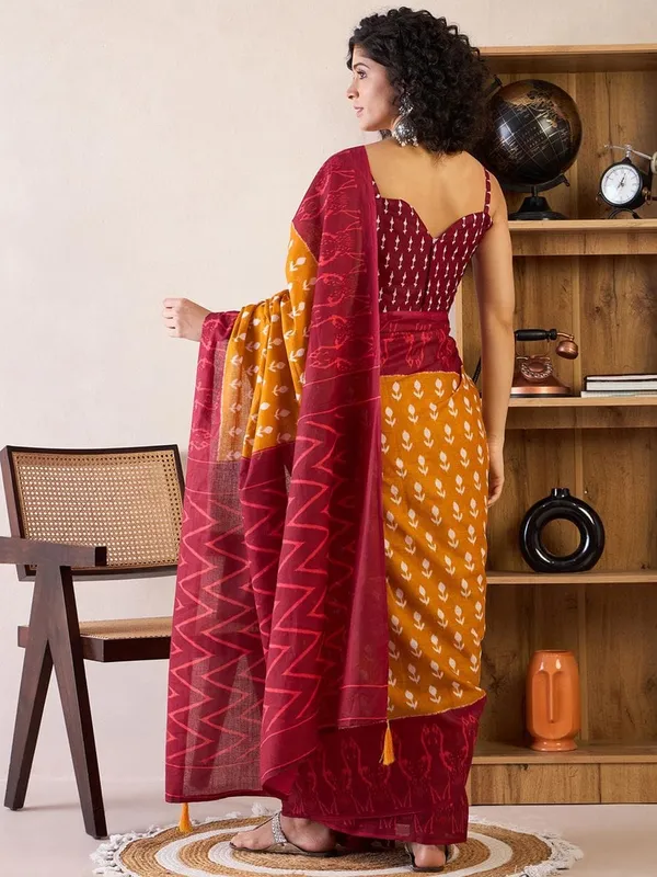 Mustard_And_Maroon__Minute_Ready_To_Wear_Mul_Cotton_Digital_Printed_Saree_With_Pocket_For_Women_&_Girl'S