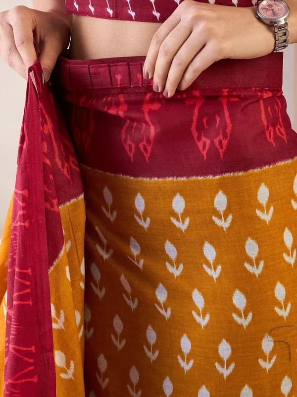 Mustard_And_Maroon__Minute_Ready_To_Wear_Mul_Cotton_Digital_Printed_Saree_With_Pocket_For_Women_&_Girl'S