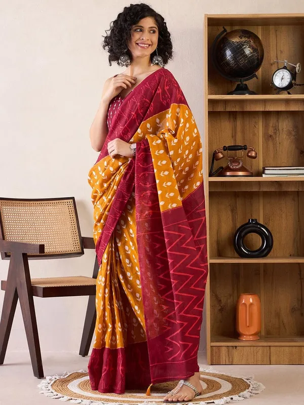 Mustard_And_Maroon__Minute_Ready_To_Wear_Mul_Cotton_Digital_Printed_Saree_With_Pocket_For_Women_&_Girl'S