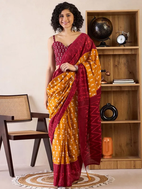 Mustard_And_Maroon__Minute_Ready_To_Wear_Mul_Cotton_Digital_Printed_Saree_With_Pocket_For_Women_&_Girl'S