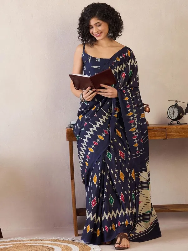 Navy_Blue__Minute_Ready_To_Wear___Mul_Cotton_Digital_Printed_Saree_With_Pocket_For_Women_&_Girl'S