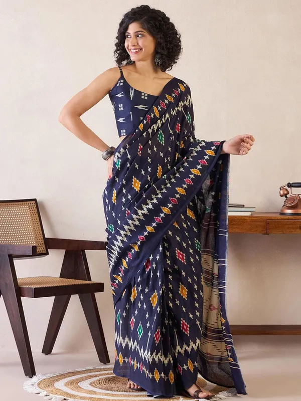 Navy_Blue__Minute_Ready_To_Wear___Mul_Cotton_Digital_Printed_Saree_With_Pocket_For_Women_&_Girl'S