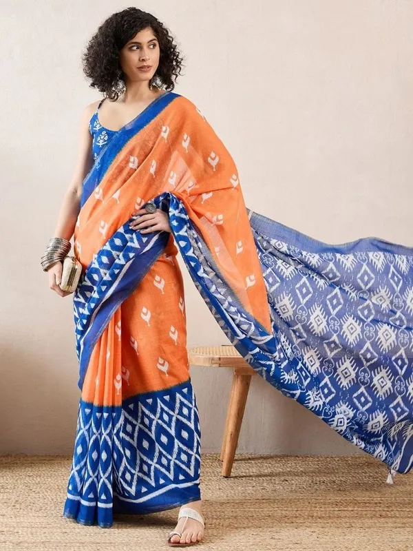 Orange_And_Blue__Minute_Ready_To_Wear_Mul_Cotton_Digital_Printed_Saree_With_Pocket_For_Women_&_Girl'S