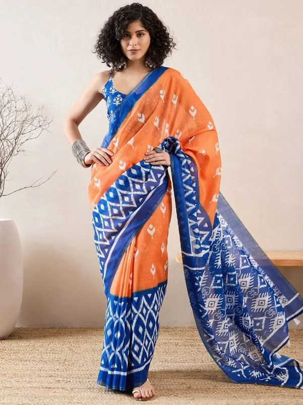 Orange_And_Blue__Minute_Ready_To_Wear_Mul_Cotton_Digital_Printed_Saree_With_Pocket_For_Women_&_Girl'S