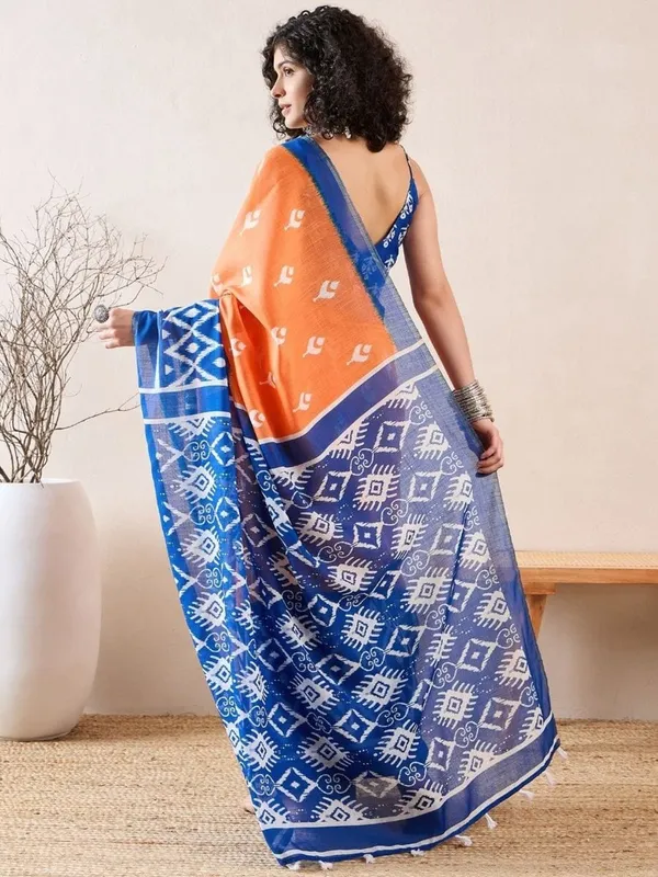 Orange_And_Blue__Minute_Ready_To_Wear_Mul_Cotton_Digital_Printed_Saree_With_Pocket_For_Women_&_Girl'S