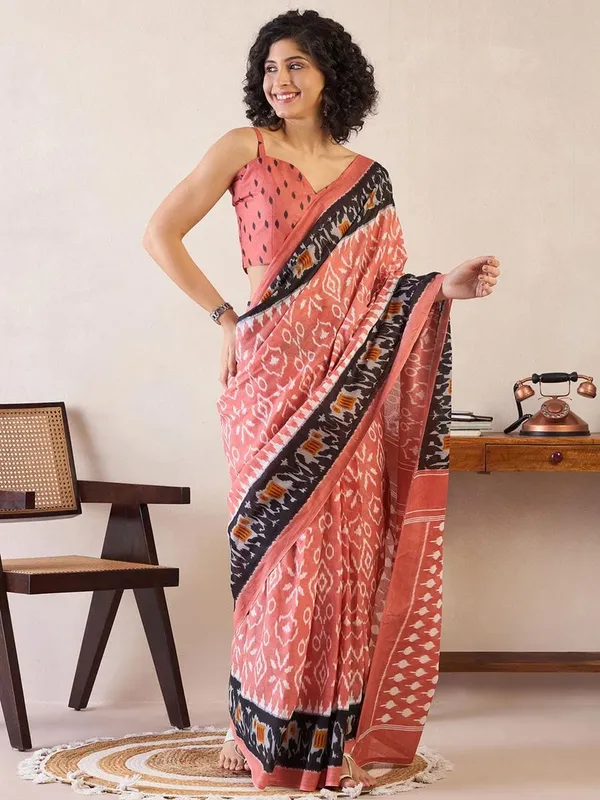 Peach__Minute_Ready_To_Wear_Mul_Cotton_Digital_Printed_Saree_With_Pocket_For_Women_&_Girl'S