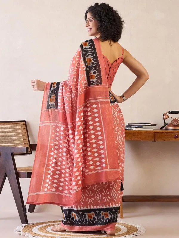 Peach__Minute_Ready_To_Wear_Mul_Cotton_Digital_Printed_Saree_With_Pocket_For_Women_&_Girl'S