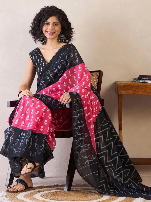 Pink_And_Black__Minute_Ready_To_Wear_Mul_Cotton_Digital_Printed_Saree_With_Pocket_For_Women_&_Girl'S