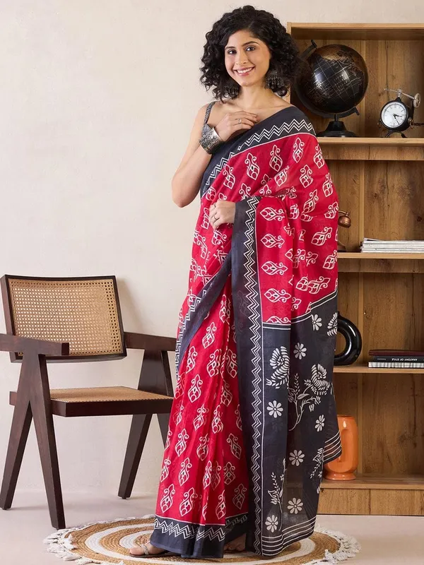 Pink_And_Black__Minute_Ready_To_Wear_Mul_Cotton_Digital_Printed_Saree_With_Pocket_For_Women_&_Girl'S
