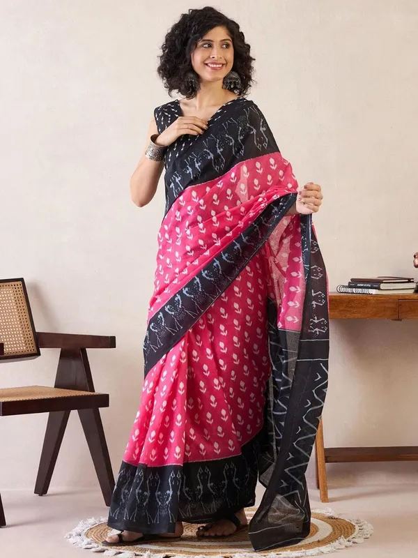 Pink_And_Black__Minute_Ready_To_Wear_Mul_Cotton_Digital_Printed_Saree_With_Pocket_For_Women_&_Girl'S