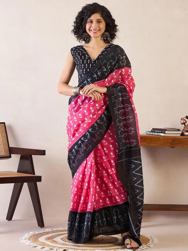 Pink_And_Black__Minute_Ready_To_Wear_Mul_Cotton_Digital_Printed_Saree_With_Pocket_For_Women_&_Girl'S