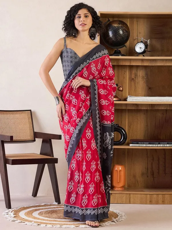 Pink_And_Black__Minute_Ready_To_Wear_Mul_Cotton_Digital_Printed_Saree_With_Pocket_For_Women_&_Girl'S
